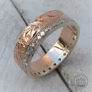 Diamond Eternity Engagement Ring, Hand Engraved Design (6mm Width)