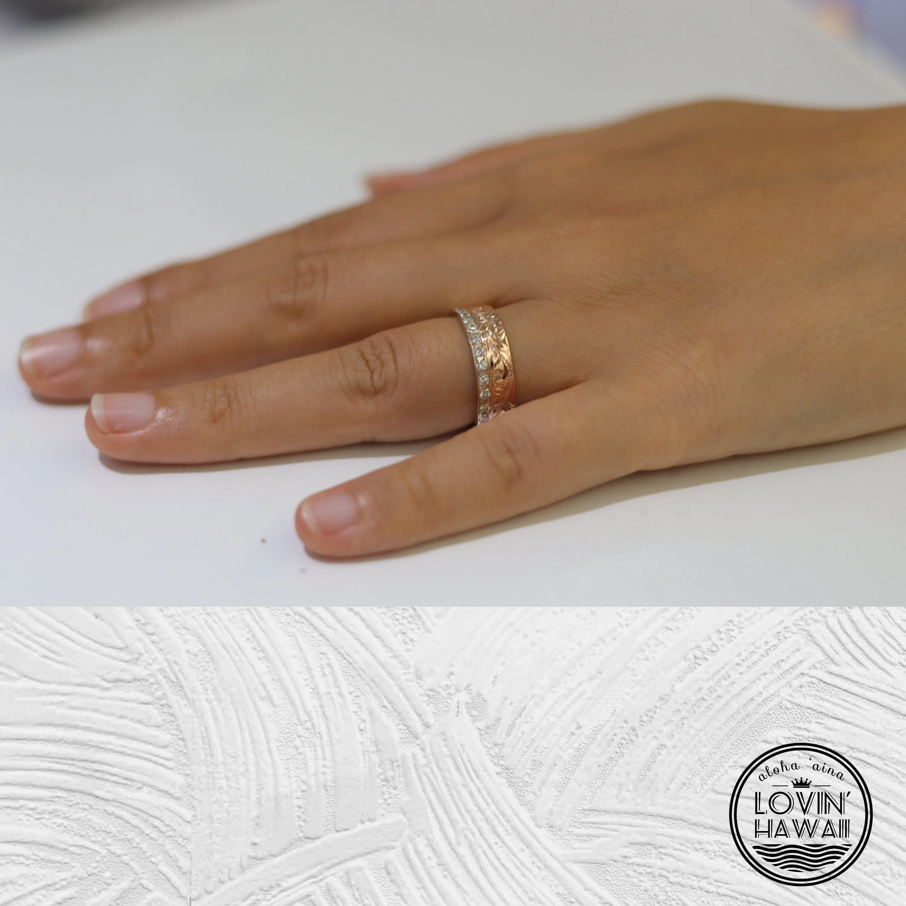 Diamond Eternity Engagement Ring, Hand Engraved Design (6mm Width)