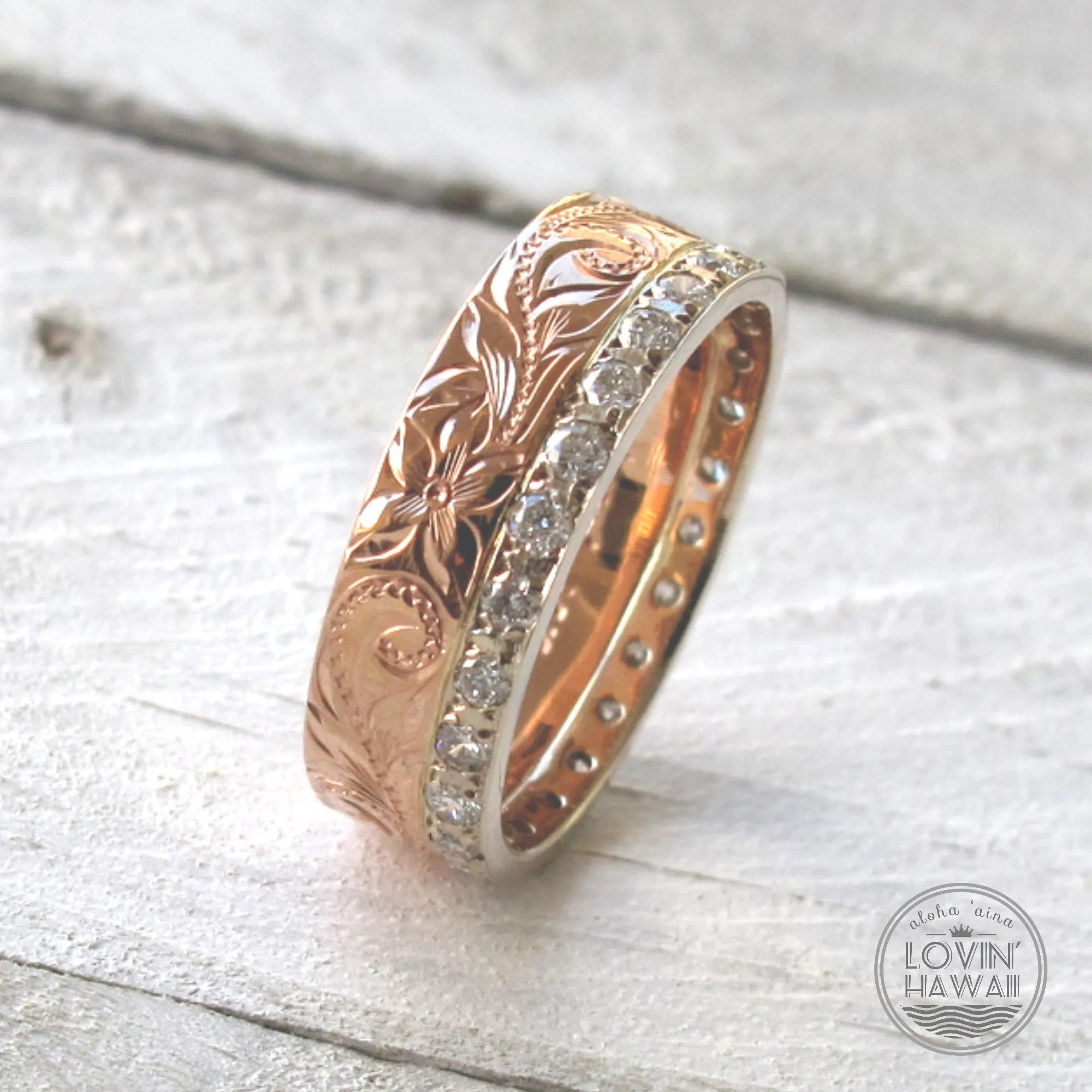 Diamond Eternity Engagement Ring, Hand Engraved Design (6mm Width)