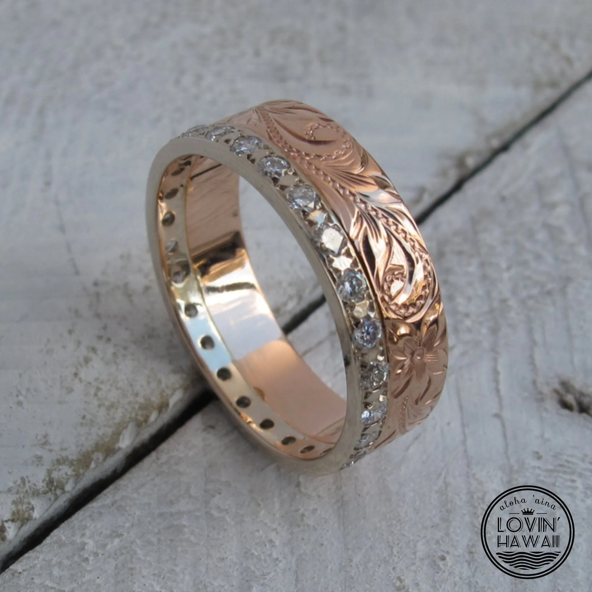 Diamond Eternity Engagement Ring, Hand Engraved Design (6mm Width)