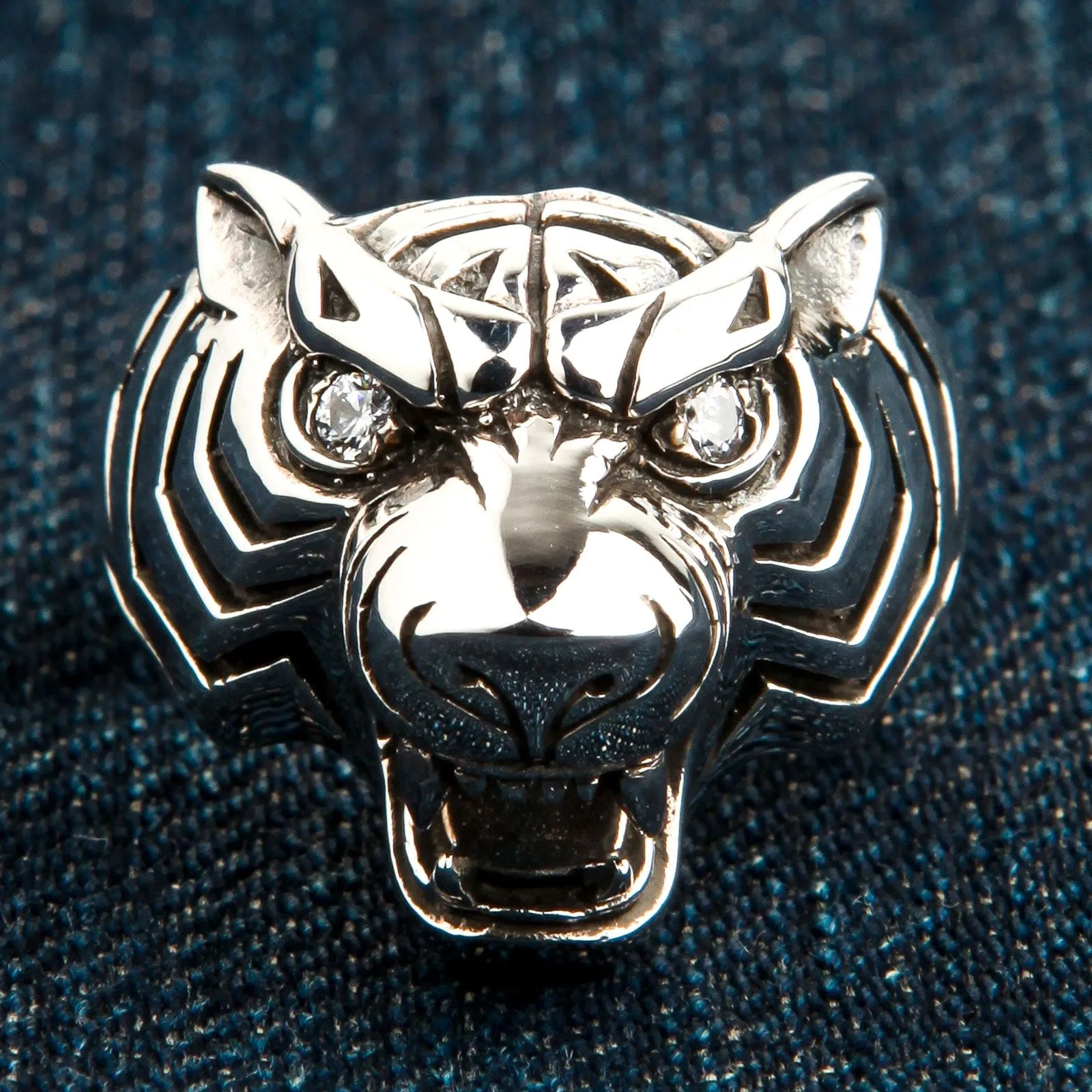 Diamond Eyes Tiger Head Sterling Silver Men's Ring