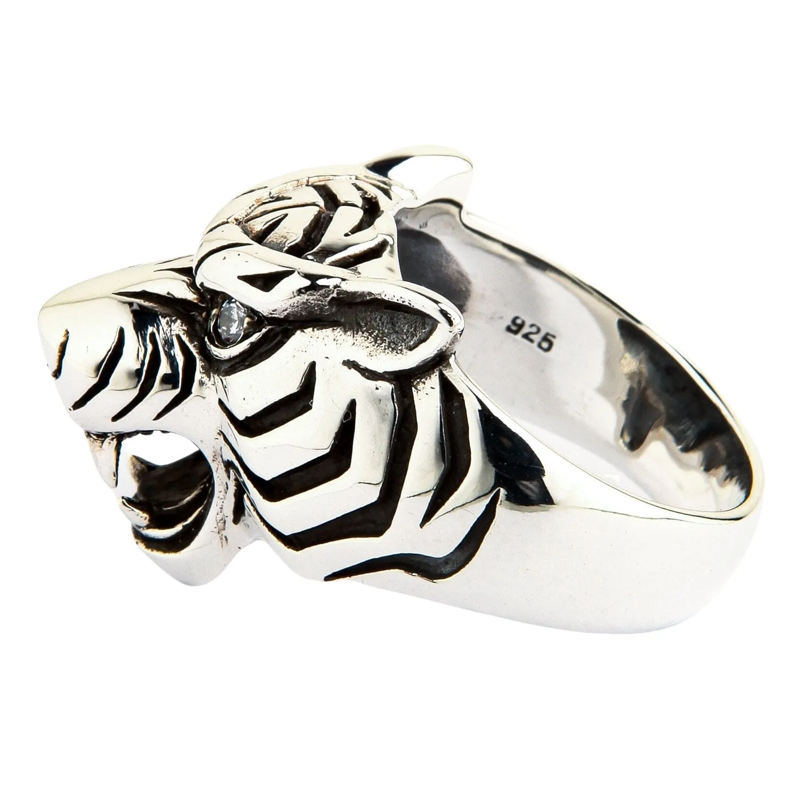 Diamond Eyes Tiger Head Sterling Silver Men's Ring