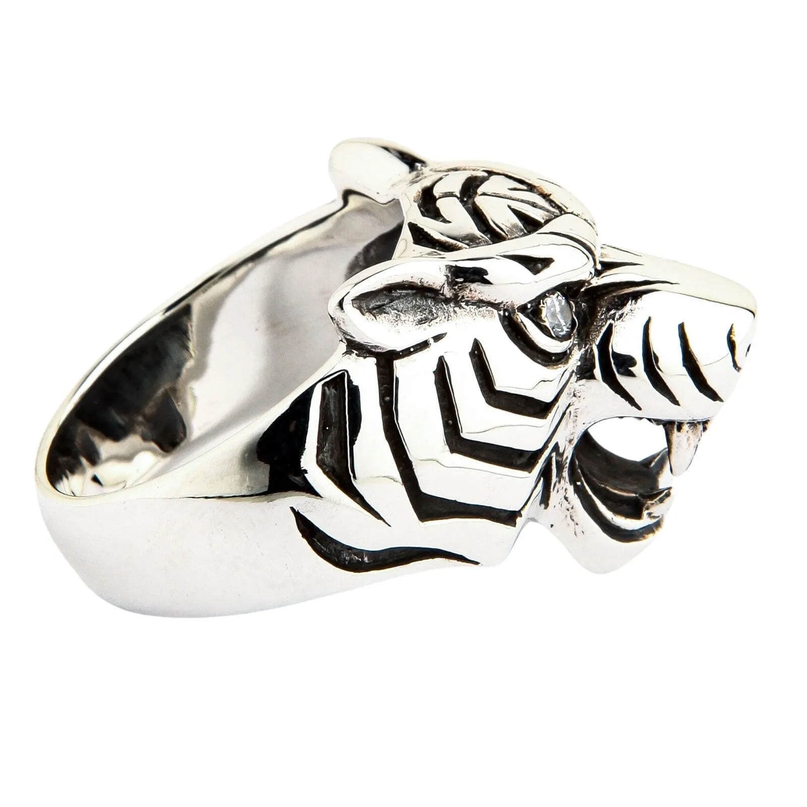 Diamond Eyes Tiger Head Sterling Silver Men's Ring