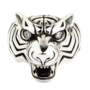 Diamond Eyes Tiger Head Sterling Silver Men's Ring