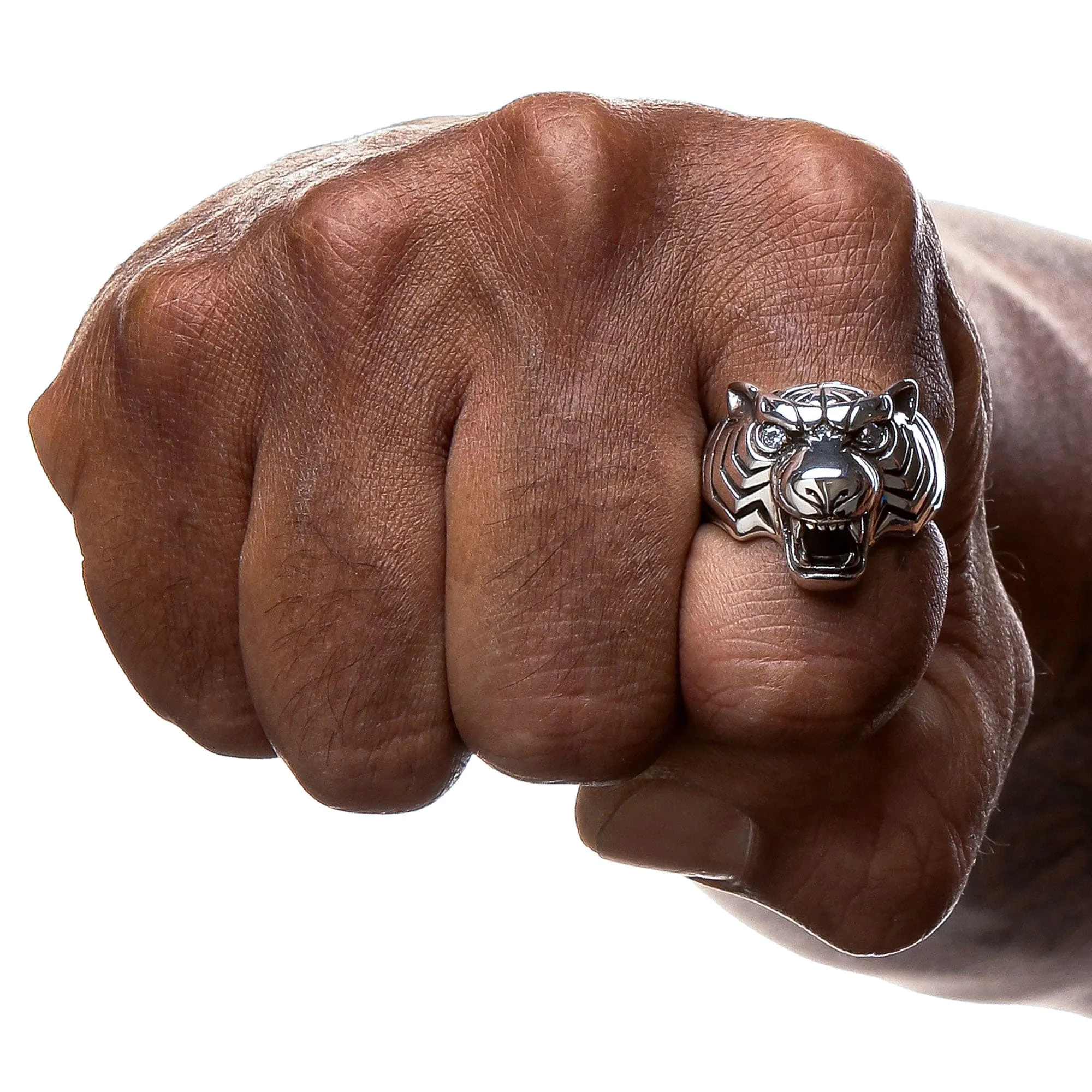 Diamond Eyes Tiger Head Sterling Silver Men's Ring