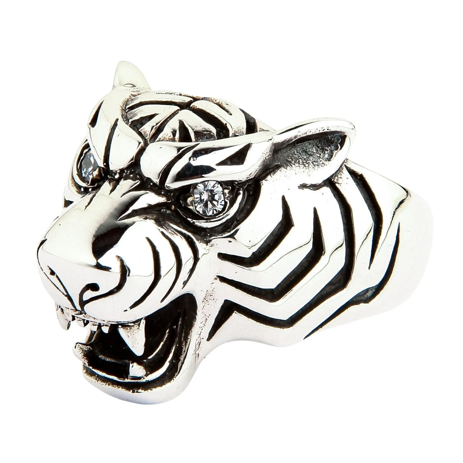 Diamond Eyes Tiger Head Sterling Silver Men's Ring