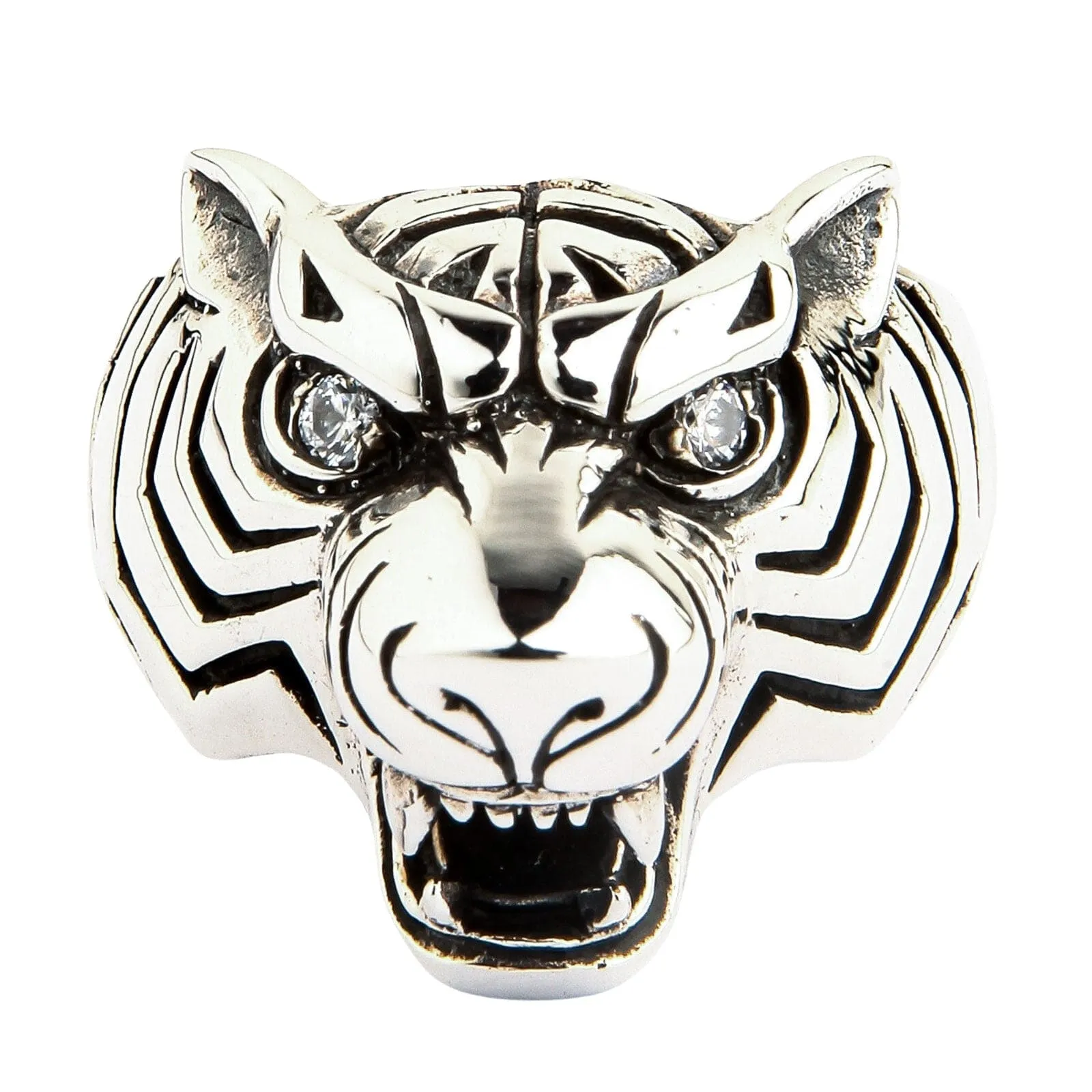 Diamond Eyes Tiger Head Sterling Silver Men's Ring