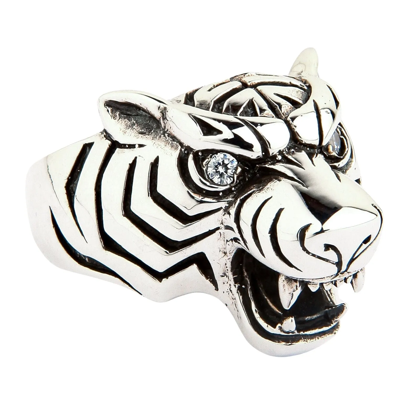 Diamond Eyes Tiger Head Sterling Silver Men's Ring