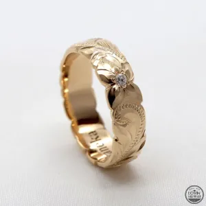 Diamond Hawaiian Ring, Hand Engraved Design (6mm Width, Dome Style)