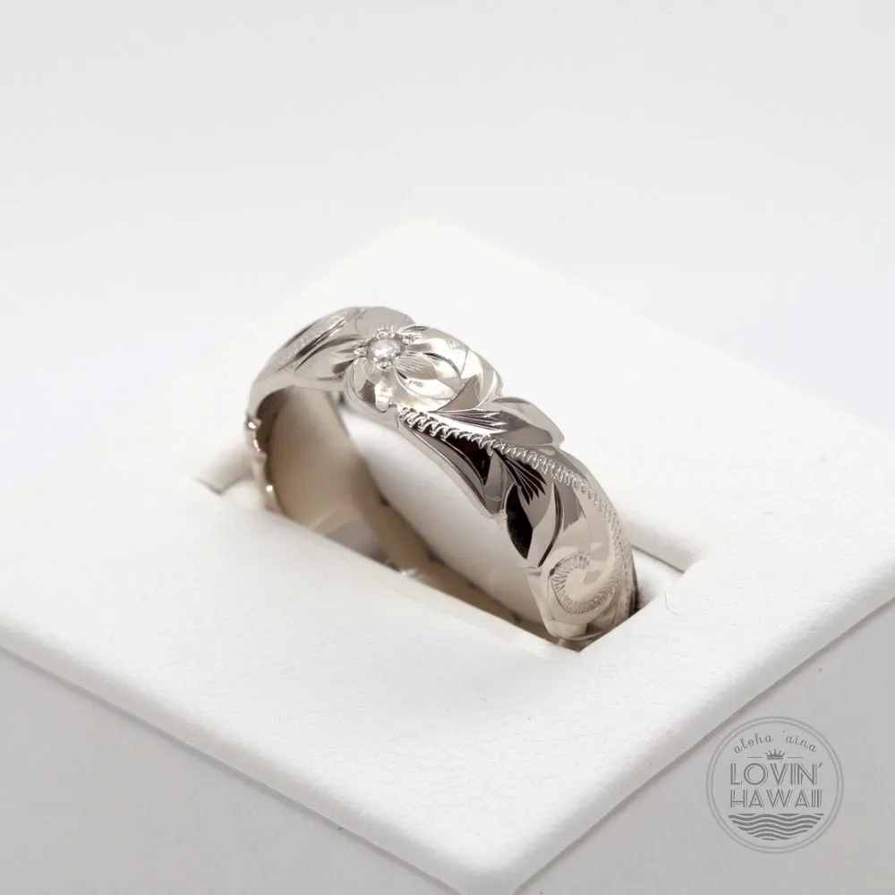Diamond Hawaiian Ring, Hand Engraved Design (6mm Width, Dome Style)