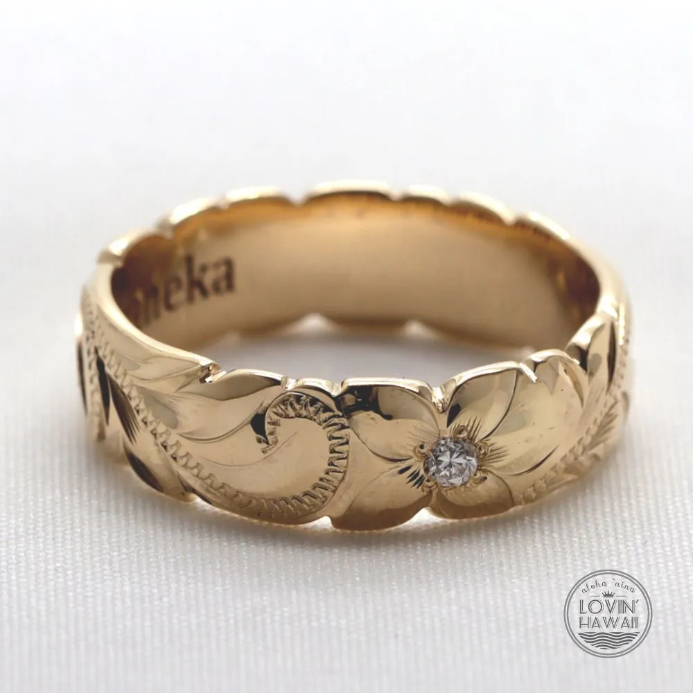 Diamond Hawaiian Ring, Hand Engraved Design (6mm Width, Dome Style)