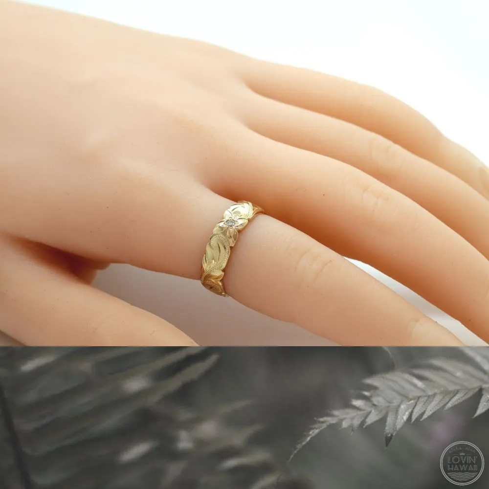 Diamond Hawaiian Ring, Hand Engraved Design (6mm Width, Dome Style)