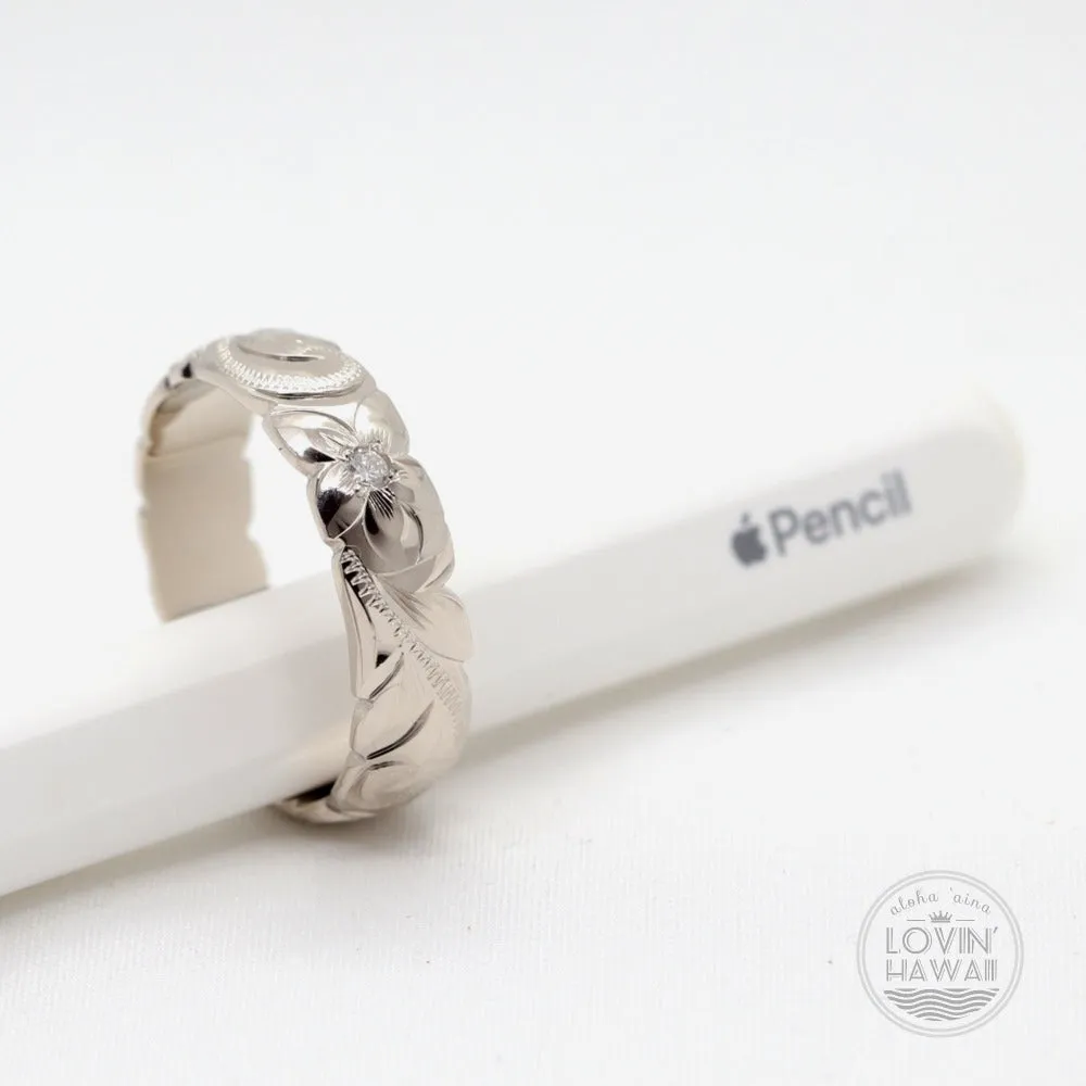 Diamond Hawaiian Ring, Hand Engraved Design (6mm Width, Dome Style)