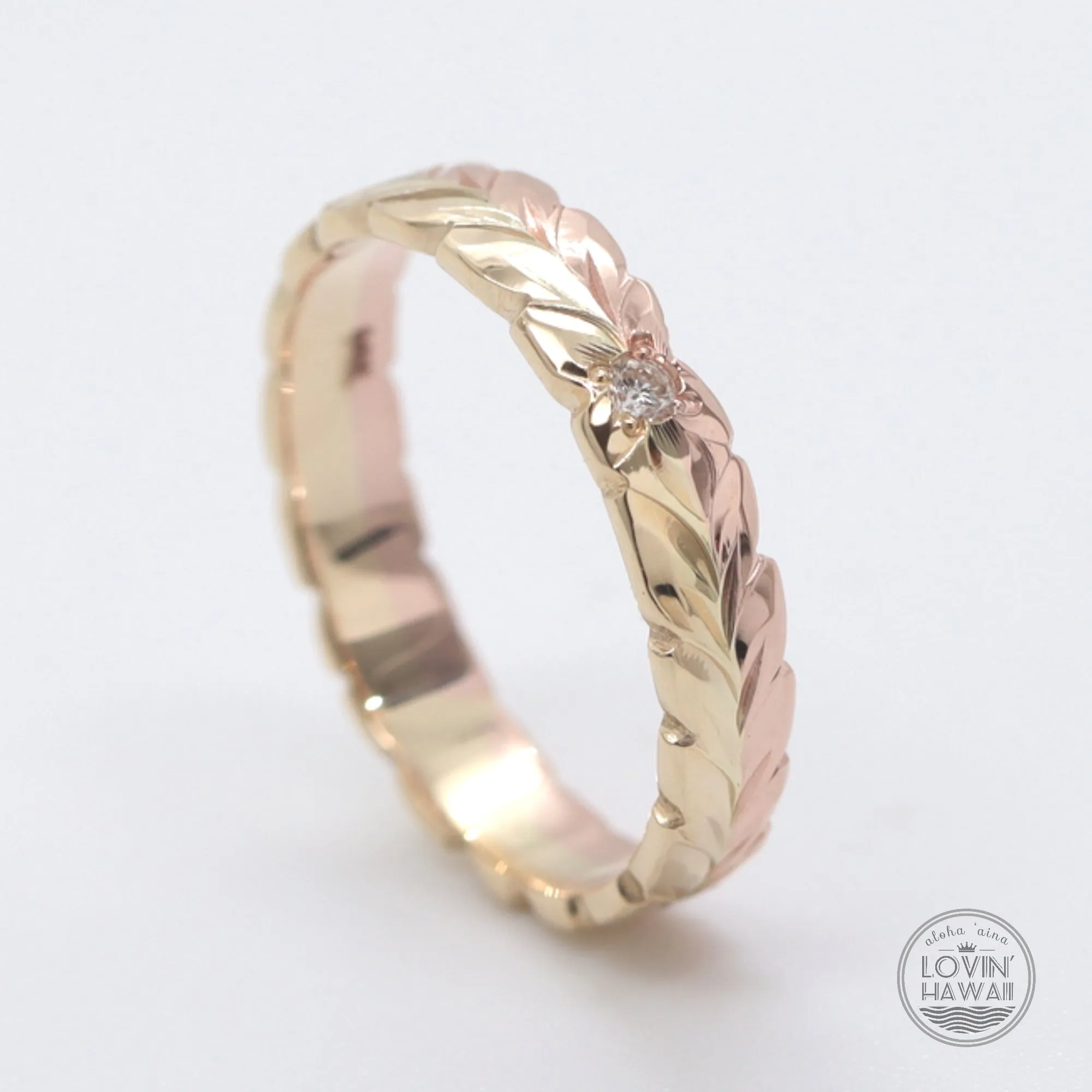 Diamond Hawaiian Wedding Rings, Engraved With Maile Design (4MM Width)