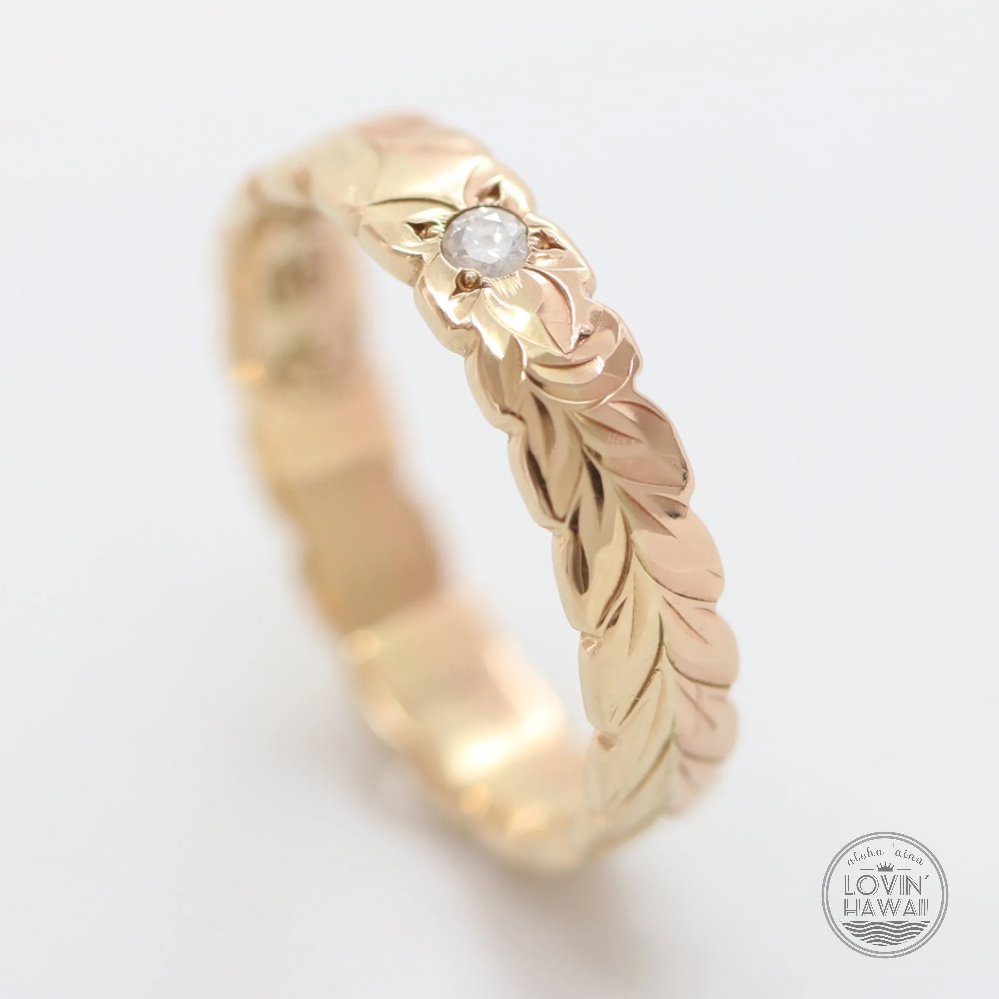 Diamond Hawaiian Wedding Rings, Engraved With Maile Design (4MM Width)