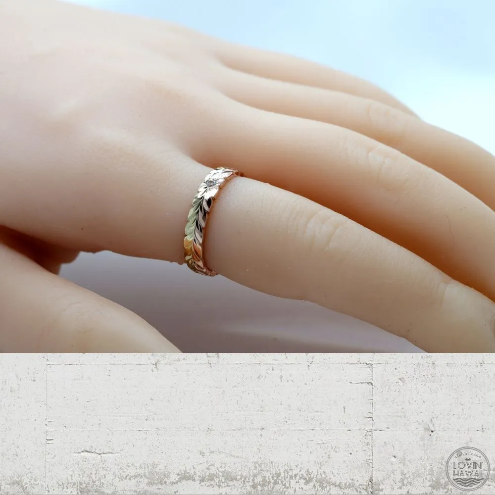 Diamond Hawaiian Wedding Rings, Engraved With Maile Design (4MM Width)