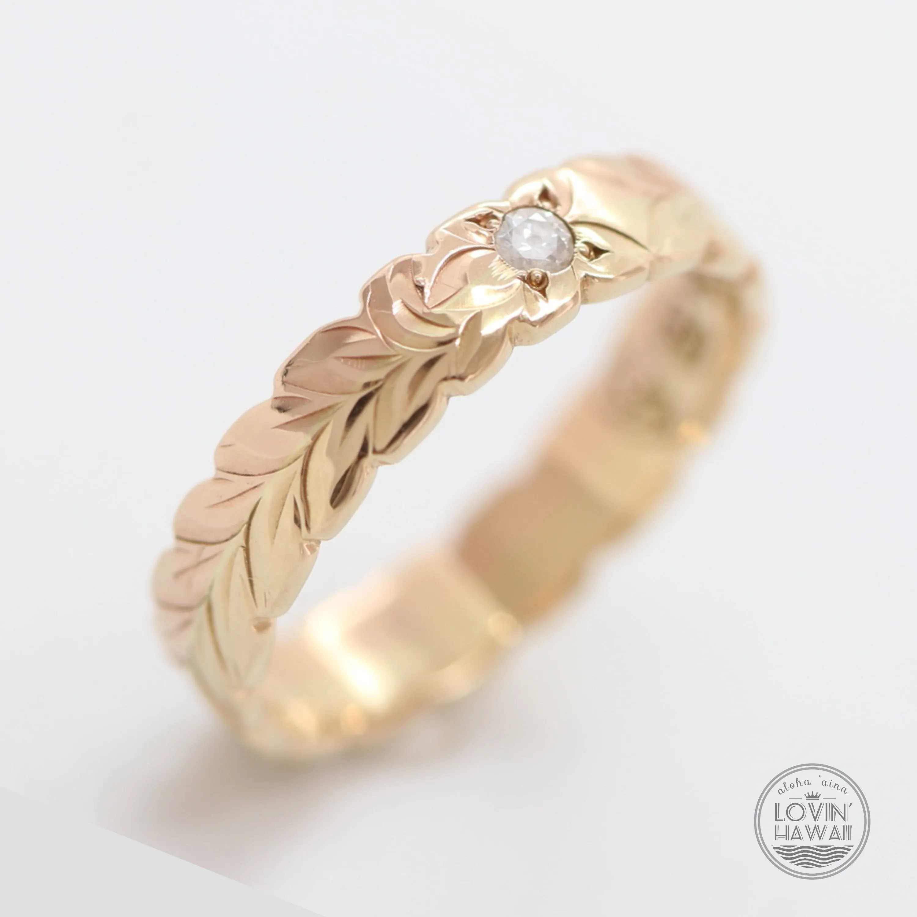 Diamond Hawaiian Wedding Rings, Engraved With Maile Design (4MM Width)