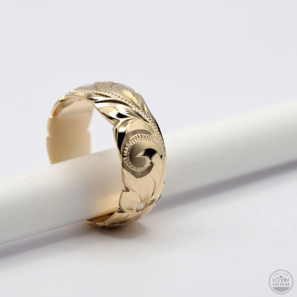 Diamond Ring Wedding Band, 14K Gold With Hand Engraved Design (8mm Width)