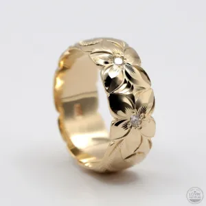 Diamond Ring Wedding Band, 14K Gold With Hand Engraved Design (8mm Width)