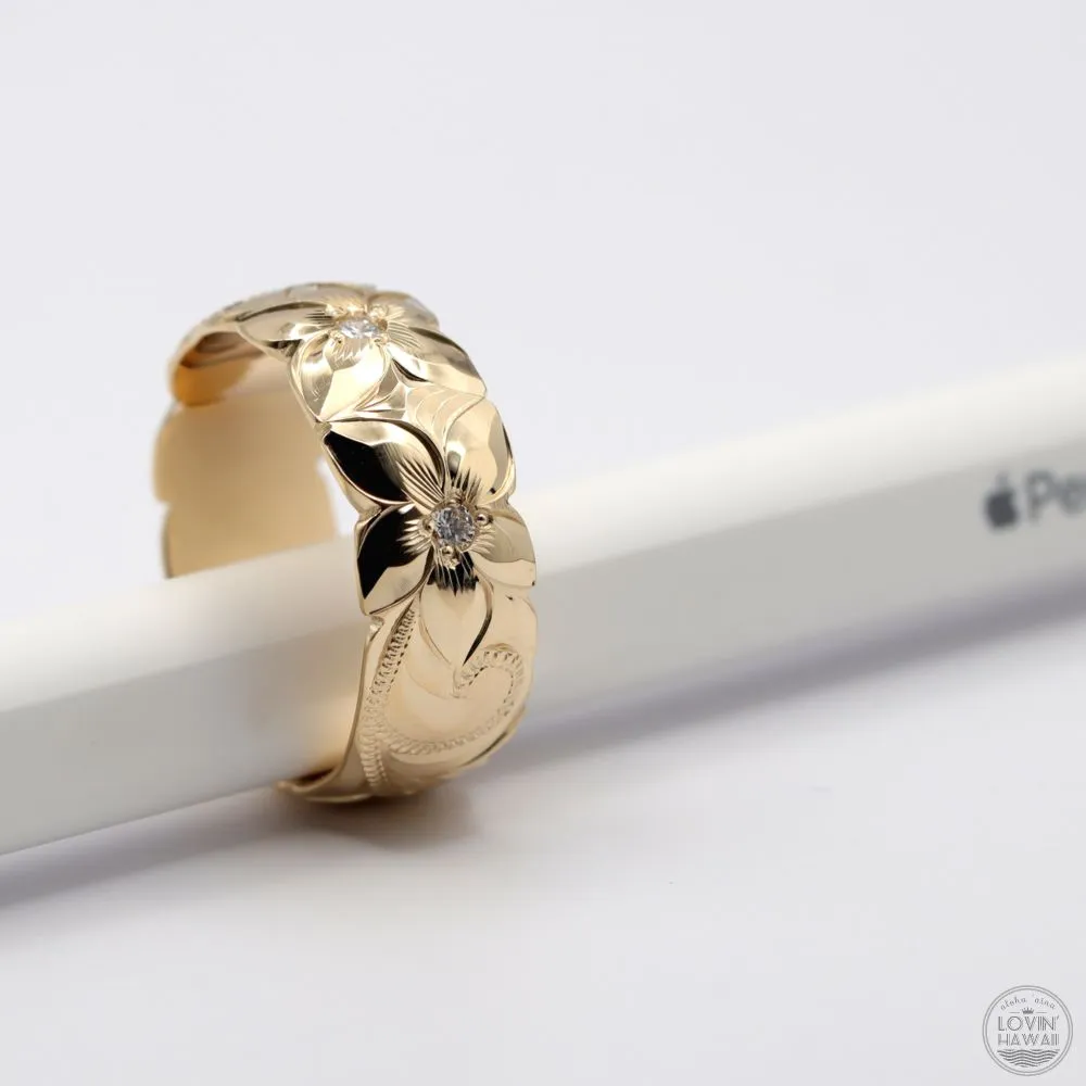 Diamond Ring Wedding Band, 14K Gold With Hand Engraved Design (8mm Width)