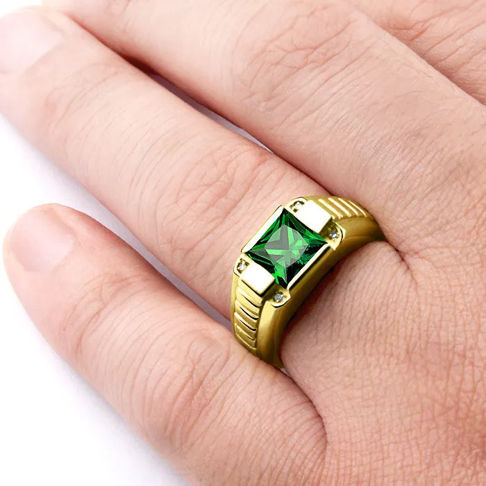 Dimaond Men's Ring 14K Yellow Gold with Green Emerald Gemstone, Genuine Diamonds Ring for Men