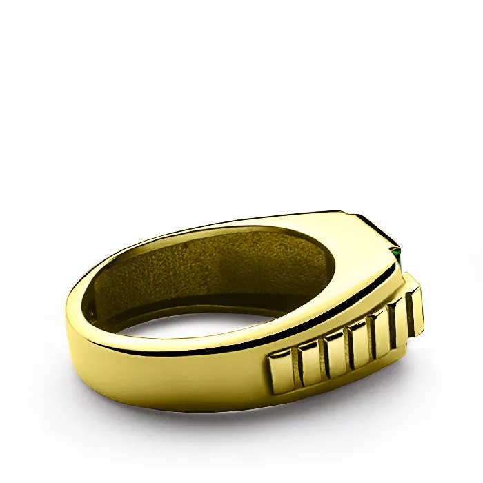 Dimaond Men's Ring 14K Yellow Gold with Green Emerald Gemstone, Genuine Diamonds Ring for Men