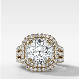 Double Halo Triple Shank Engagement Ring With Old Euro Cut Diamond