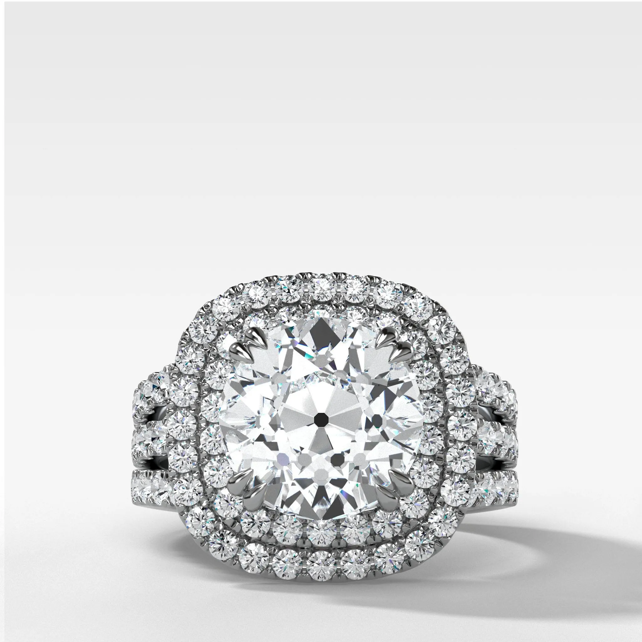 Double Halo Triple Shank Engagement Ring With Old Euro Cut Diamond