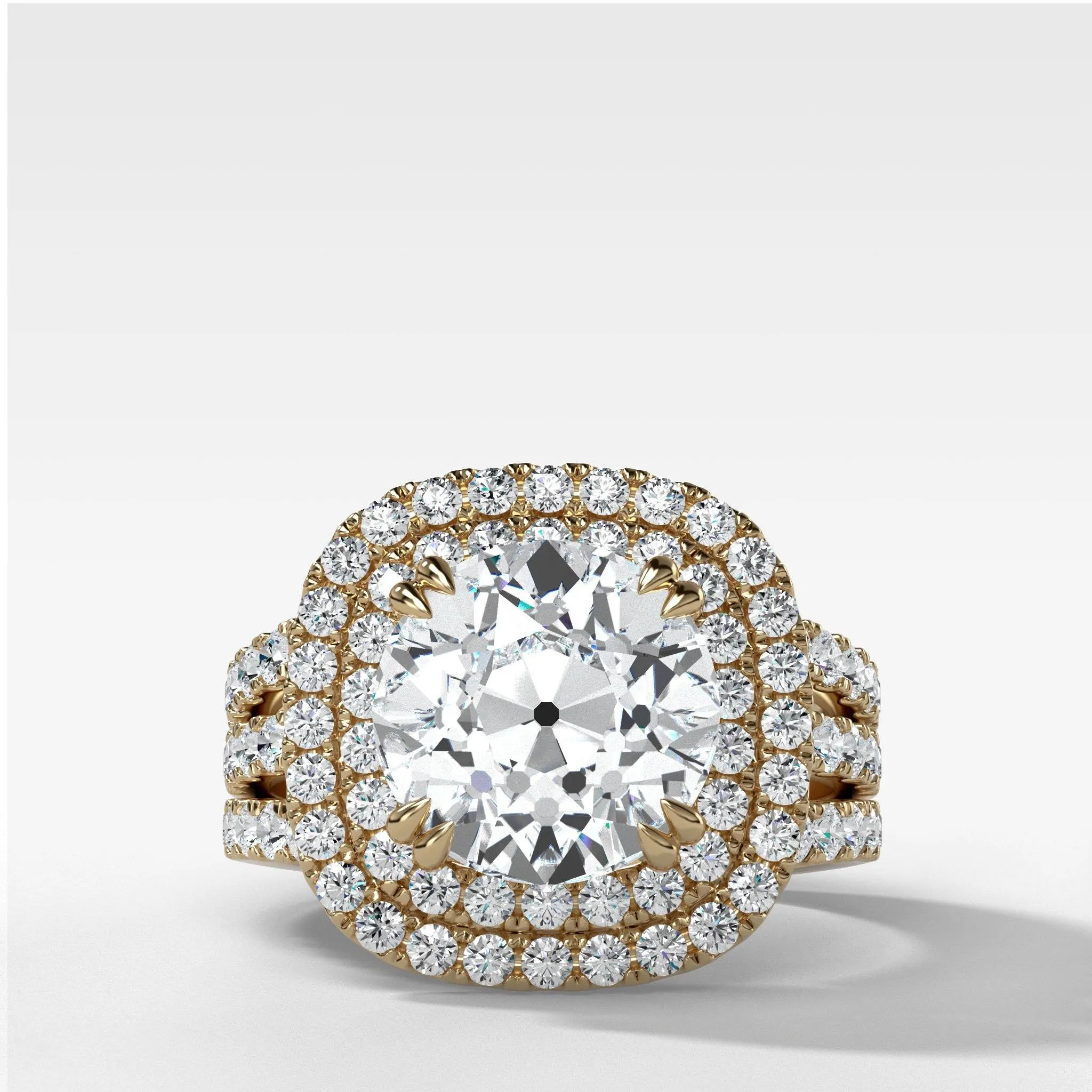 Double Halo Triple Shank Engagement Ring With Old Euro Cut Diamond
