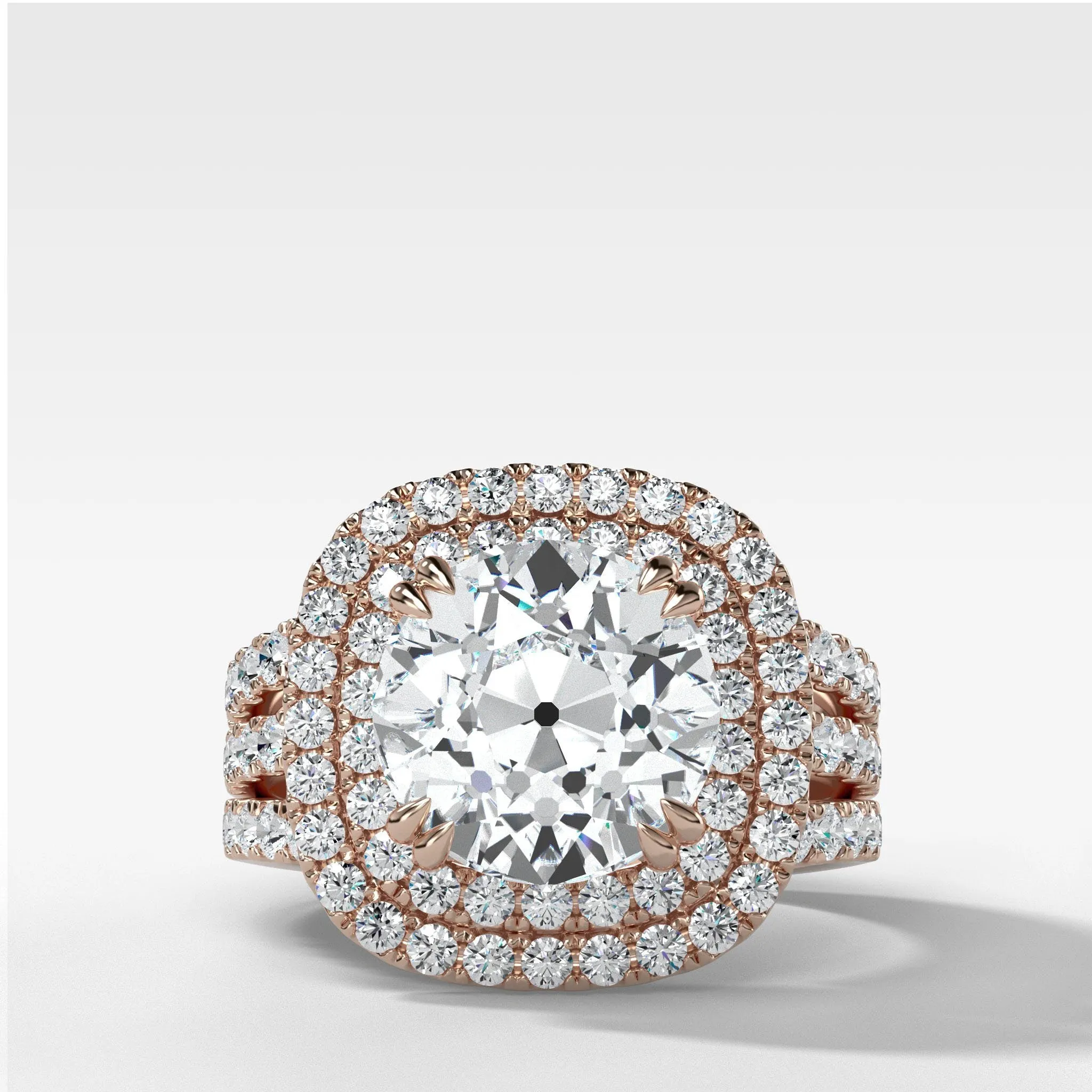 Double Halo Triple Shank Engagement Ring With Old Euro Cut Diamond