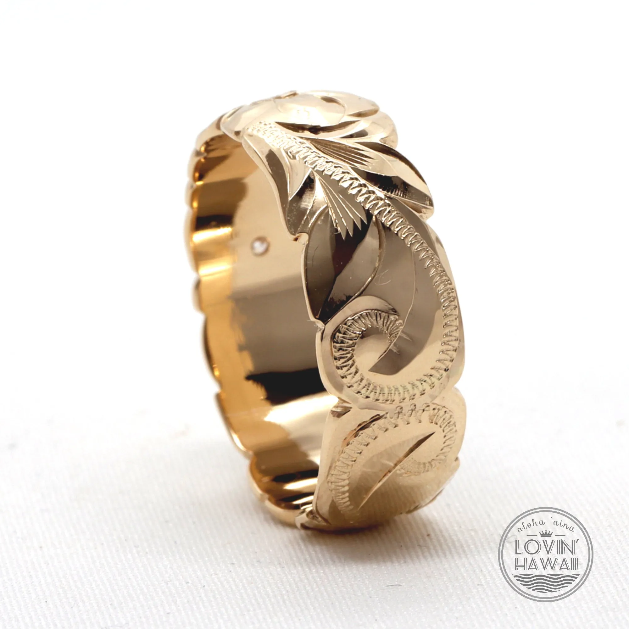 Double Letter Initial Personalized 14K Gold Hawaiian Ring With Diamond, (8mm Width)
