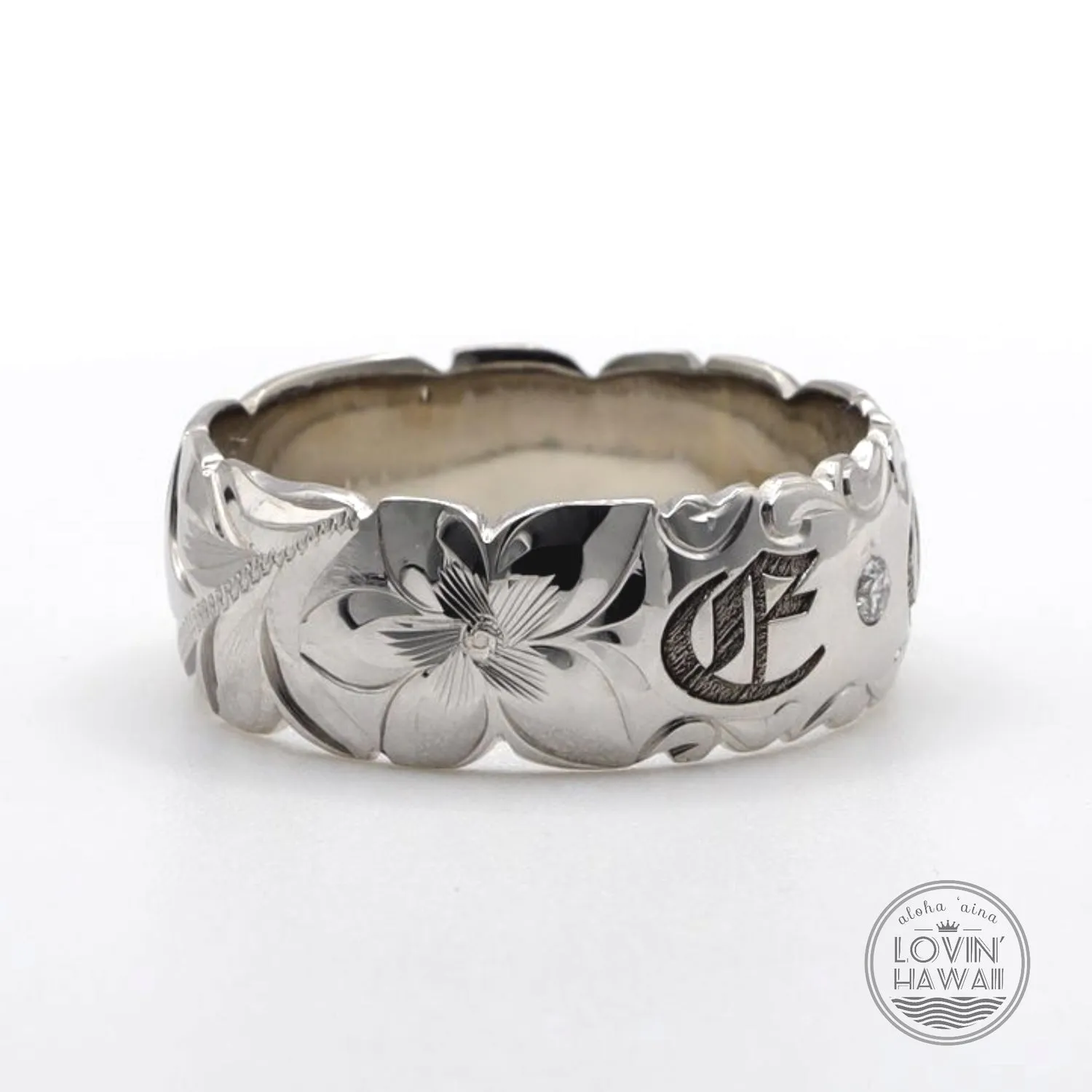 Double Letter Initial Personalized 14K Gold Hawaiian Ring With Diamond, (8mm Width)