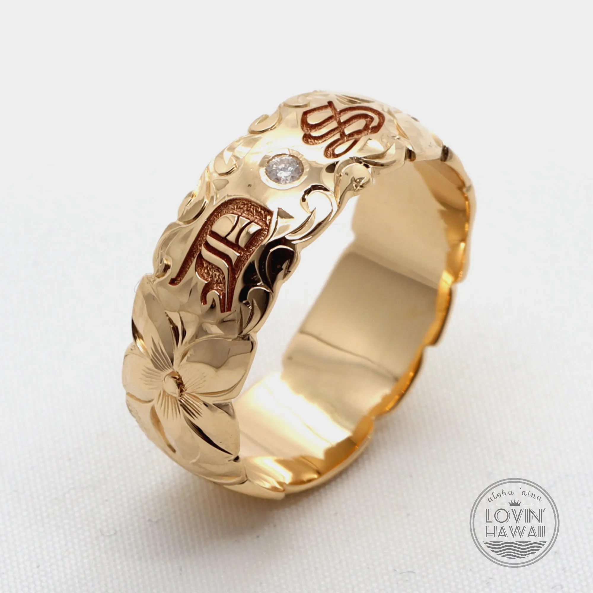 Double Letter Initial Personalized 14K Gold Hawaiian Ring With Diamond, (8mm Width)