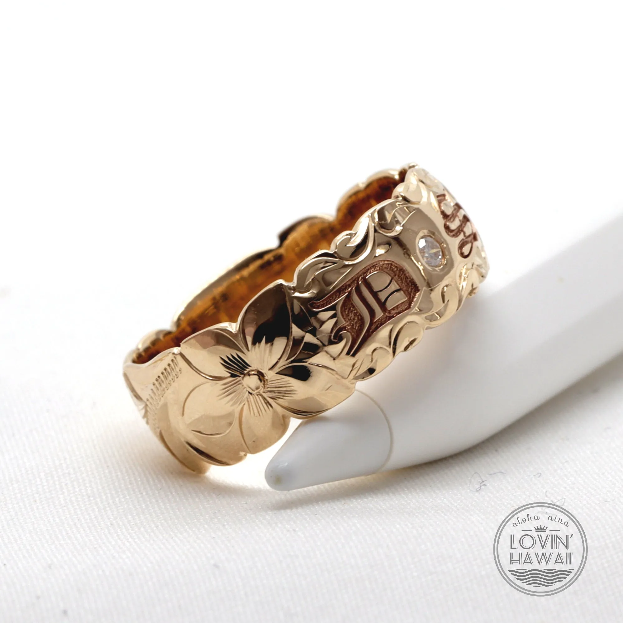 Double Letter Initial Personalized 14K Gold Hawaiian Ring With Diamond, (8mm Width)