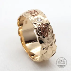 Double Letter Initial Personalized 14K Gold Hawaiian Ring With Diamond, (8mm Width)