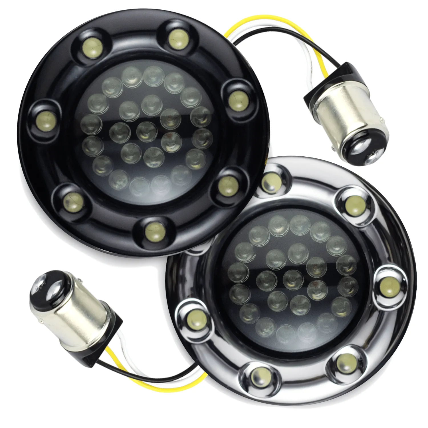 Eagle Lights 2” Infinity Beam Front LED Turn Signals with Integrated Trim Rings and White Halo Running Lights for Harley Davidson Motorcycles