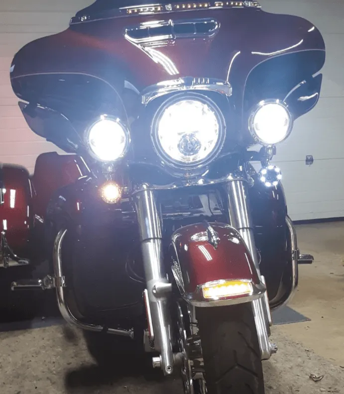 Eagle Lights 2” Infinity Beam Front LED Turn Signals with Integrated Trim Rings and White Halo Running Lights for Harley Davidson Motorcycles