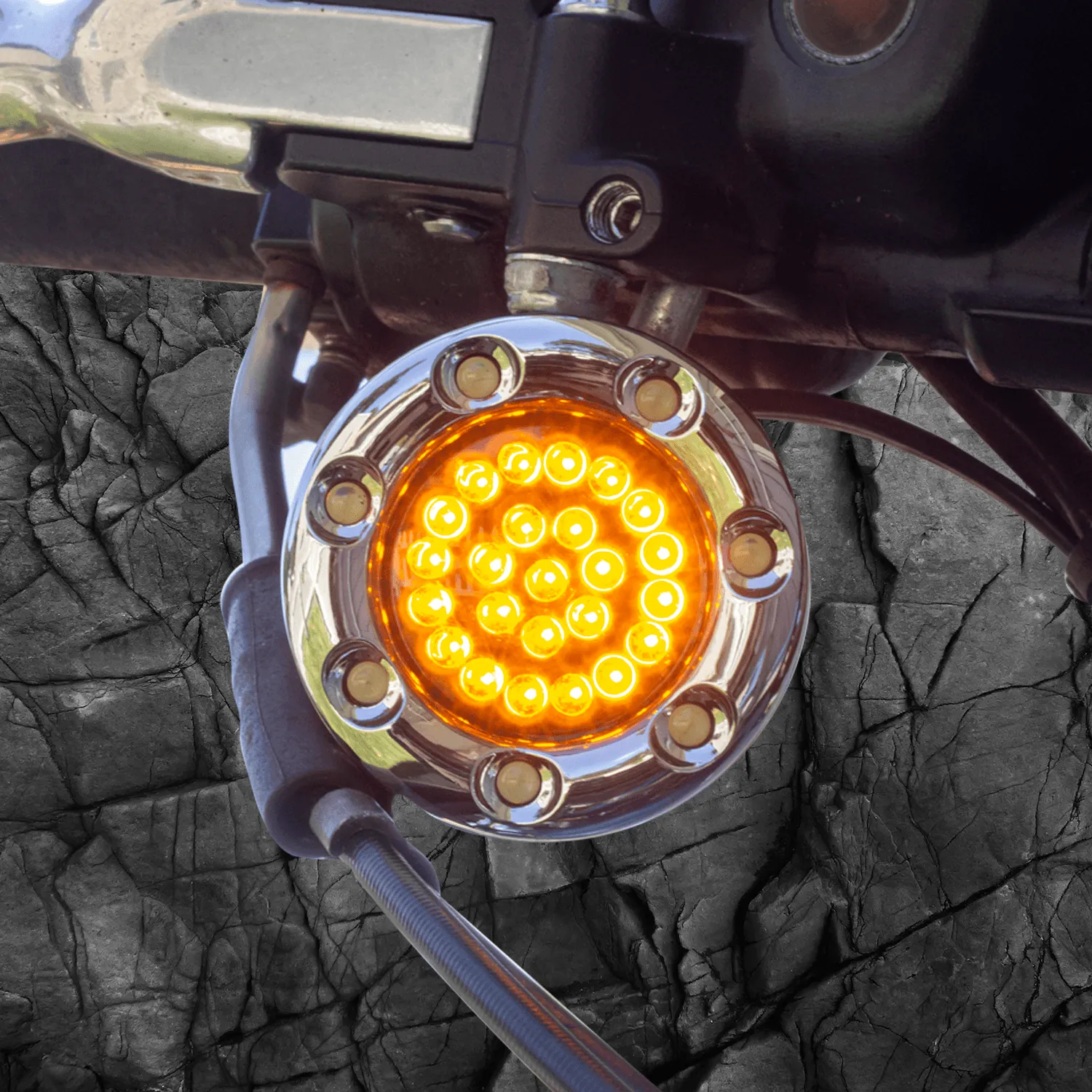 Eagle Lights 2” Infinity Beam Front LED Turn Signals with Integrated Trim Rings and White Halo Running Lights for Harley Davidson Motorcycles