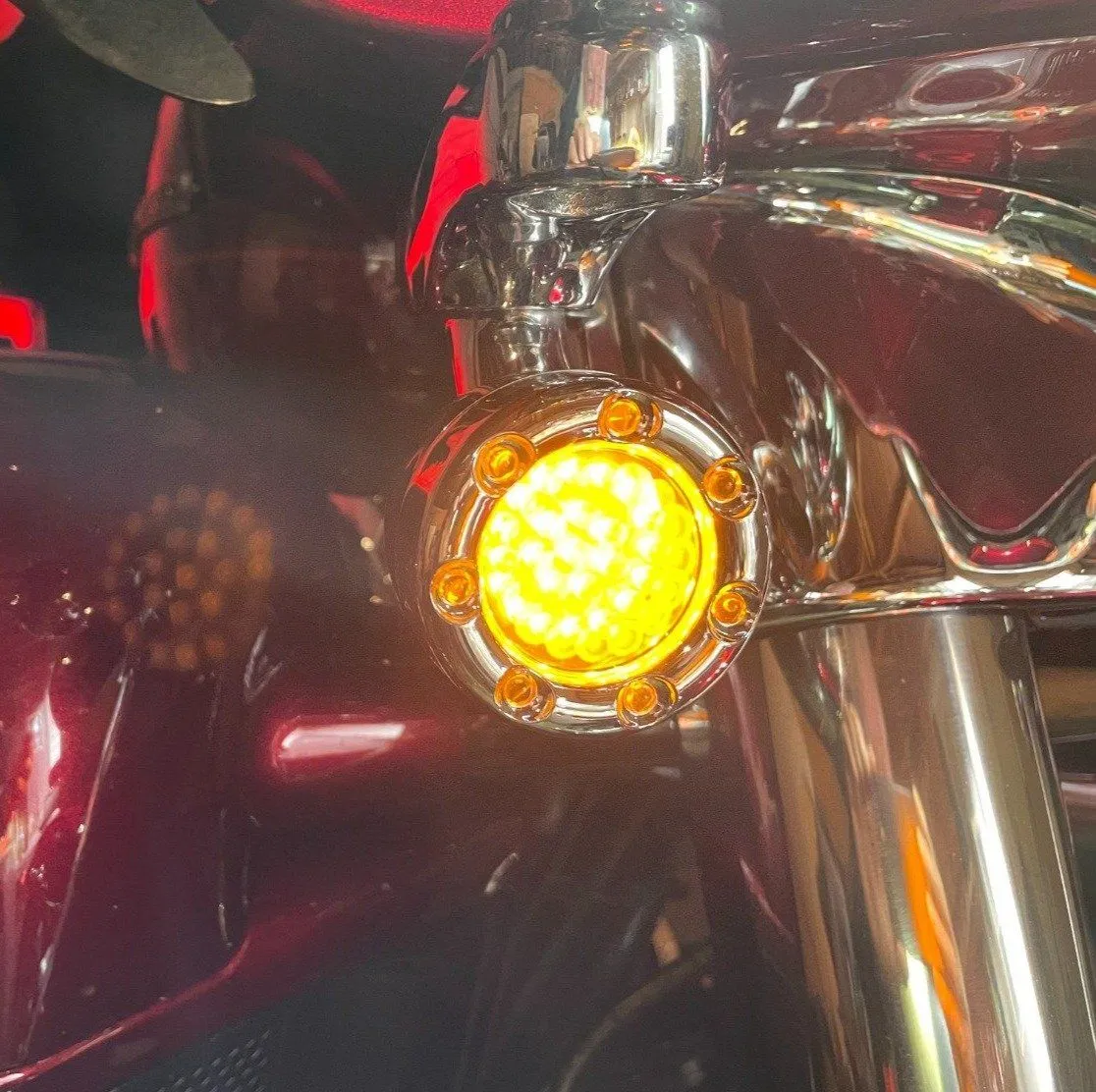 Eagle Lights 2” Infinity Beam Front LED Turn Signals with Integrated Trim Rings and White Halo Running Lights for Harley Davidson Motorcycles