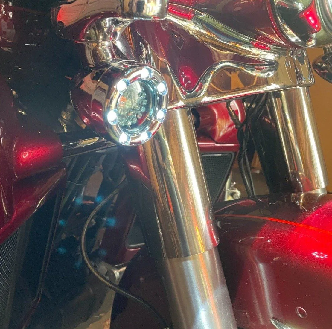 Eagle Lights 2” Infinity Beam Front LED Turn Signals with Integrated Trim Rings and White Halo Running Lights for Harley Davidson Motorcycles
