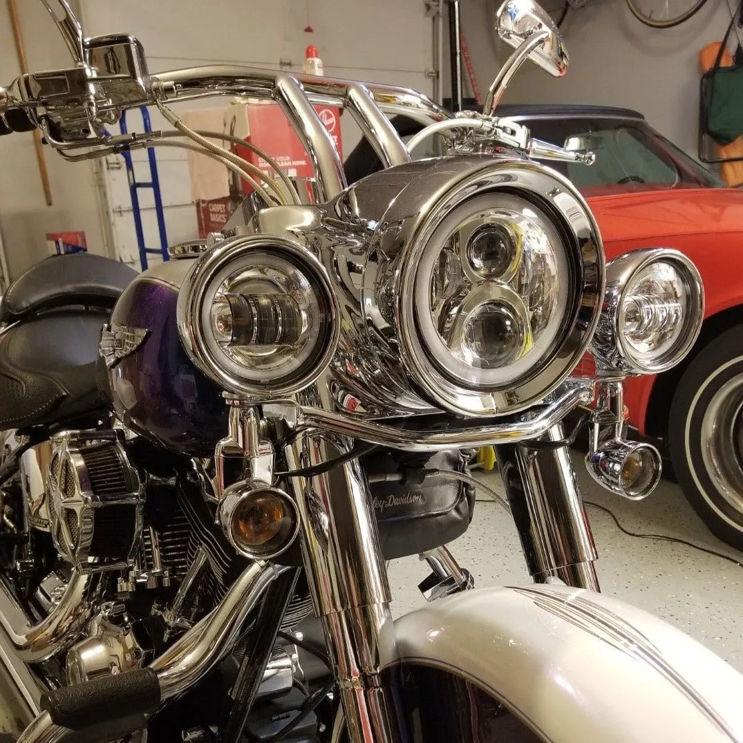 Eagle Lights 7" LED Headlight and 4.5" LED Passing Light Kit with Halo Rings for Harley & Indian Motorcycles - Generation II / Chrome / Halo Ring