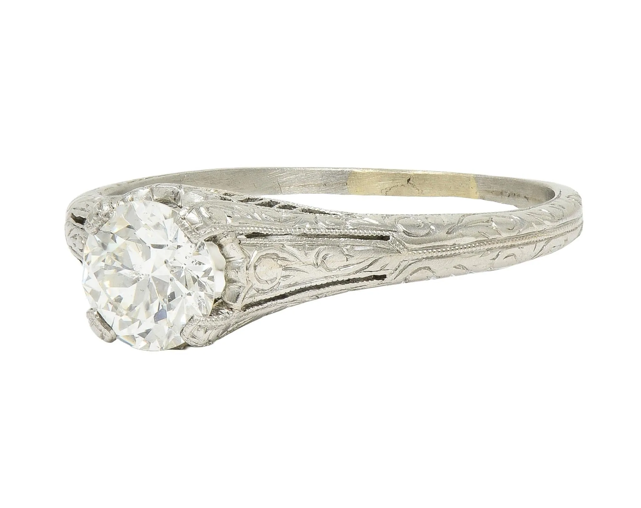 Edwardian 0.72 CTW Old European Diamond Platinum Antique Scrolling Solitaire Engagement Ring