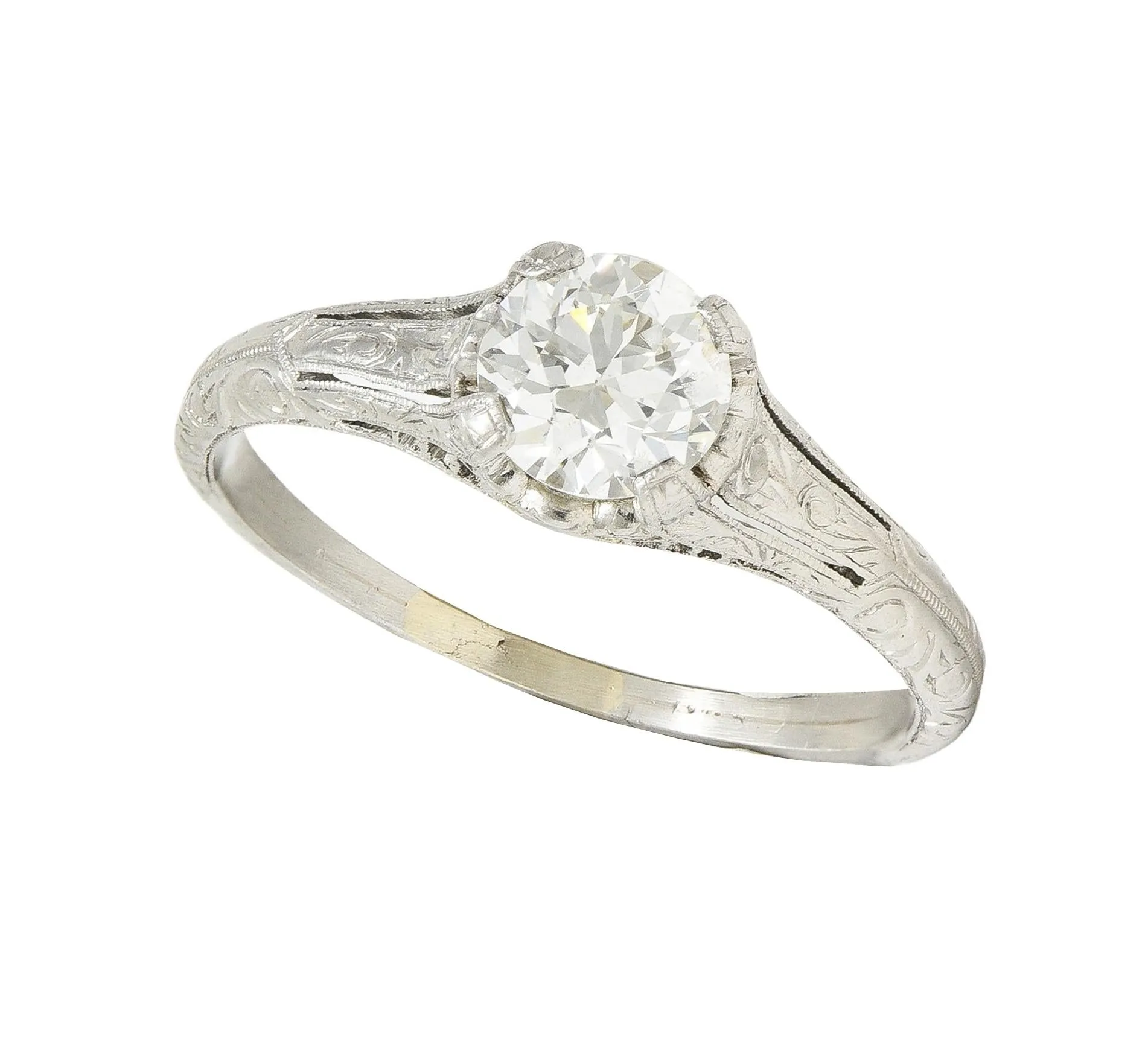 Edwardian 0.72 CTW Old European Diamond Platinum Antique Scrolling Solitaire Engagement Ring