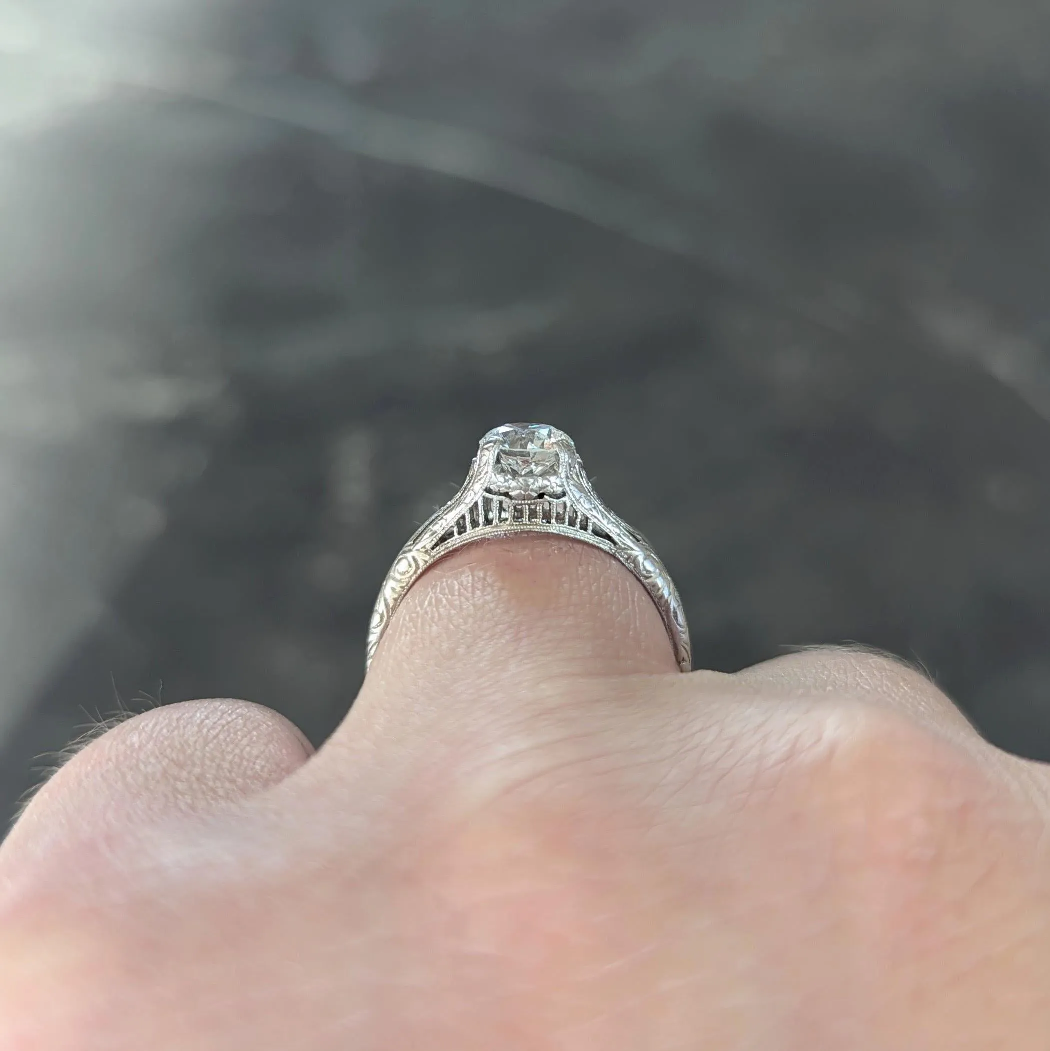 Edwardian 0.72 CTW Old European Diamond Platinum Antique Scrolling Solitaire Engagement Ring