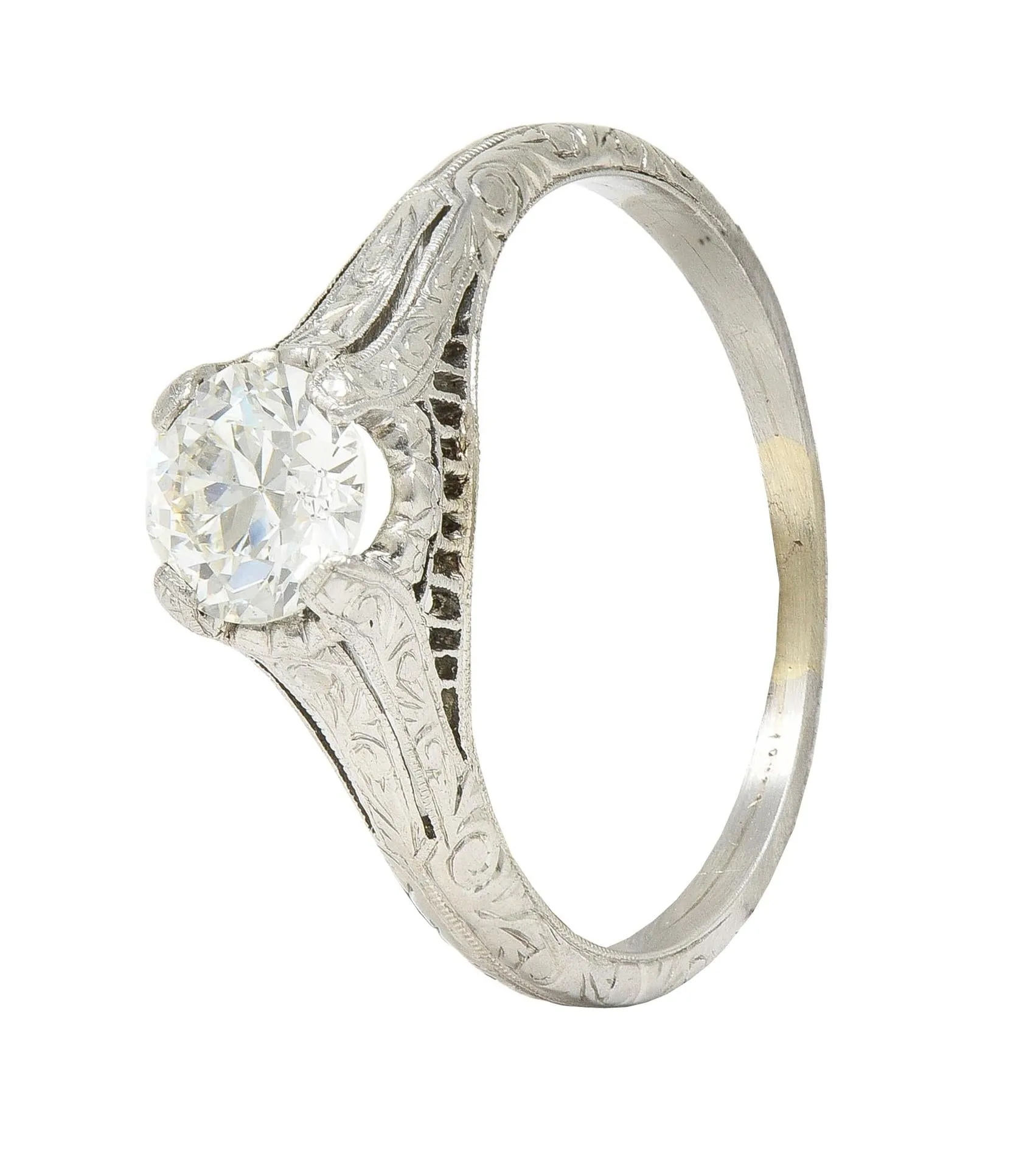 Edwardian 0.72 CTW Old European Diamond Platinum Antique Scrolling Solitaire Engagement Ring