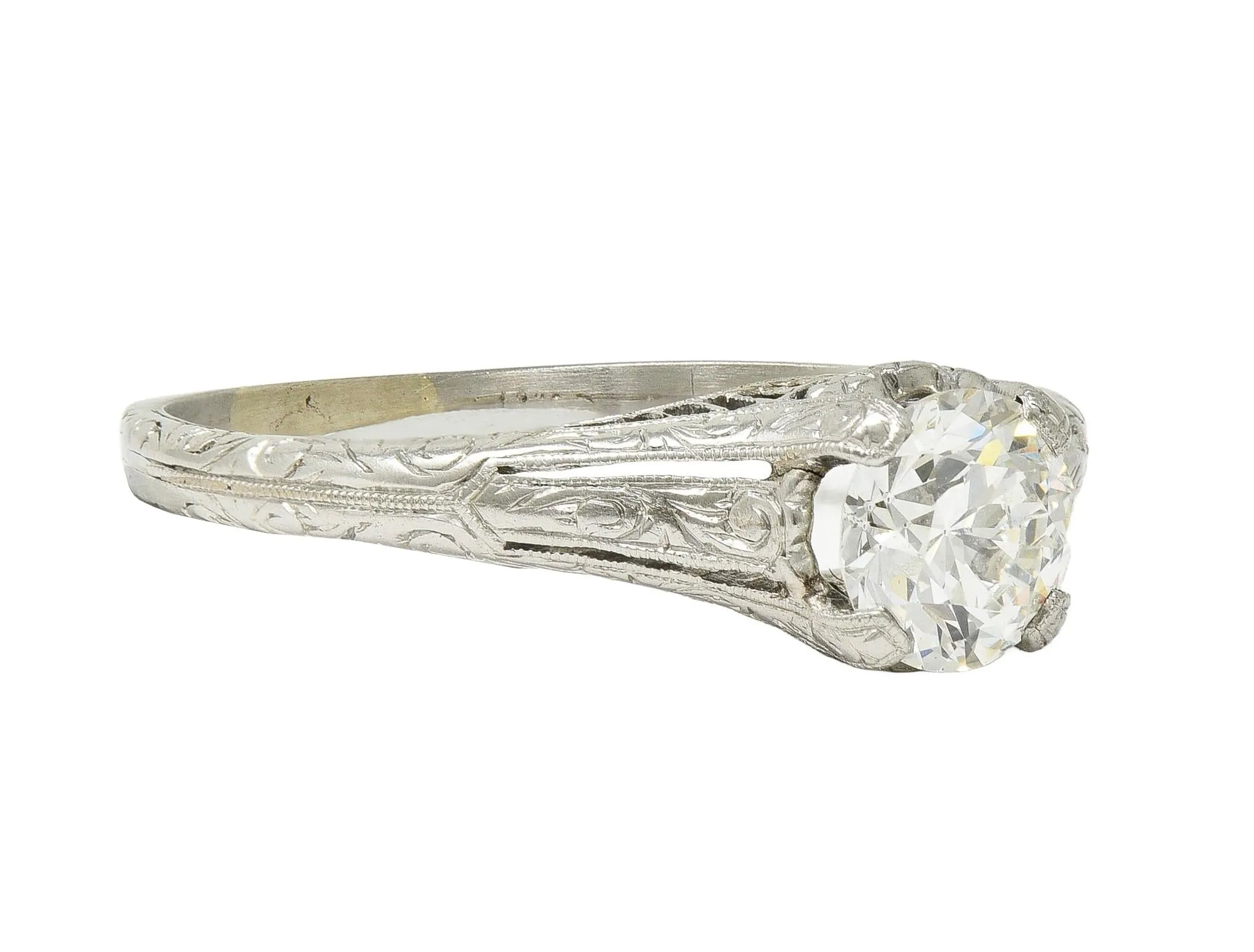 Edwardian 0.72 CTW Old European Diamond Platinum Antique Scrolling Solitaire Engagement Ring