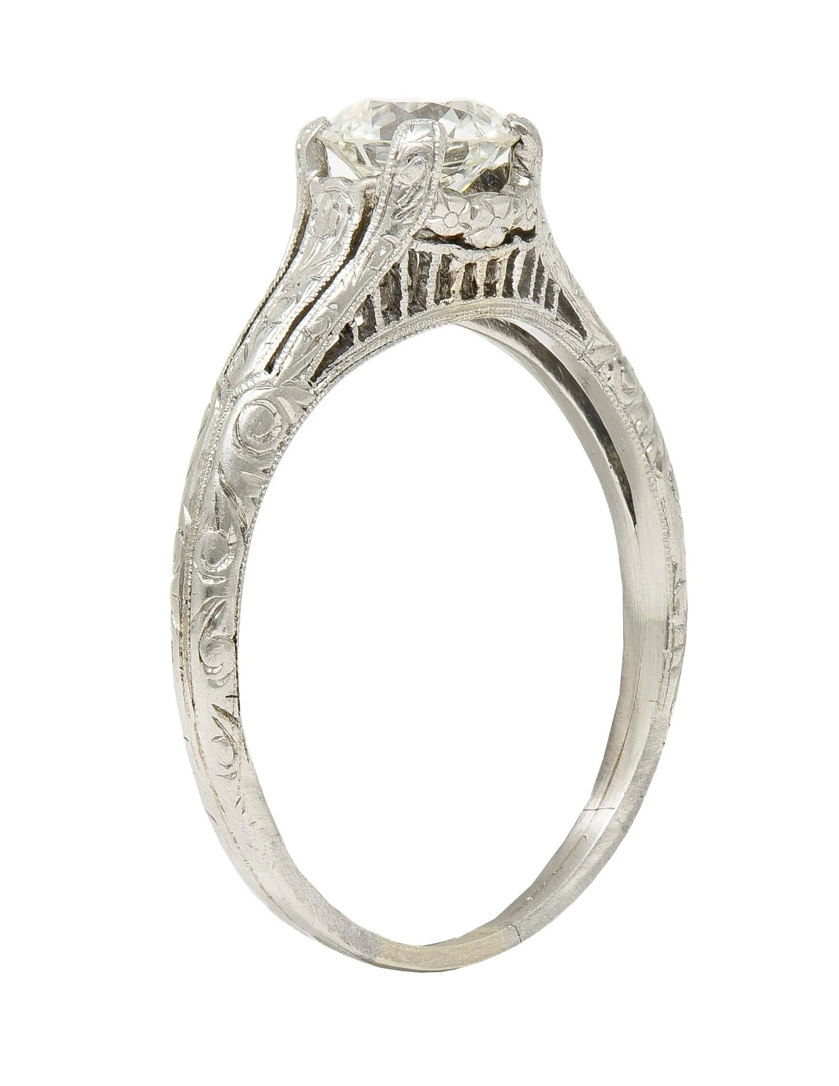 Edwardian 0.72 CTW Old European Diamond Platinum Antique Scrolling Solitaire Engagement Ring