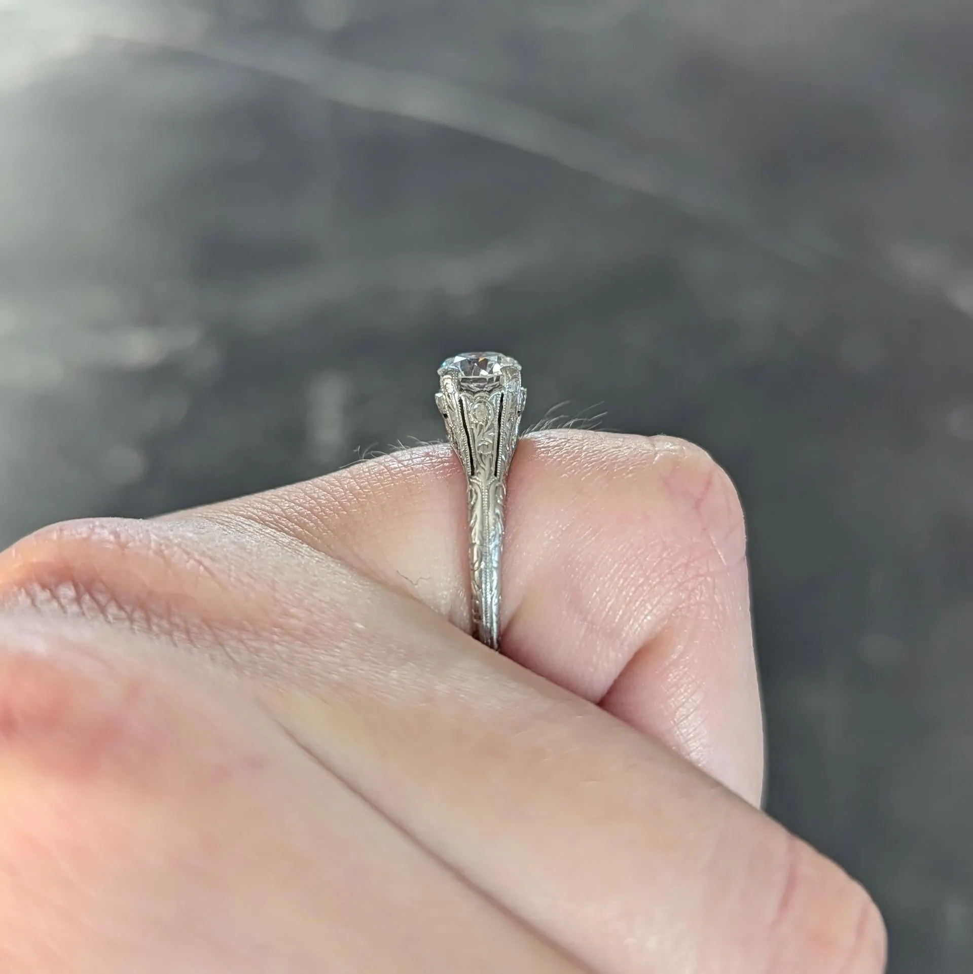 Edwardian 0.72 CTW Old European Diamond Platinum Antique Scrolling Solitaire Engagement Ring