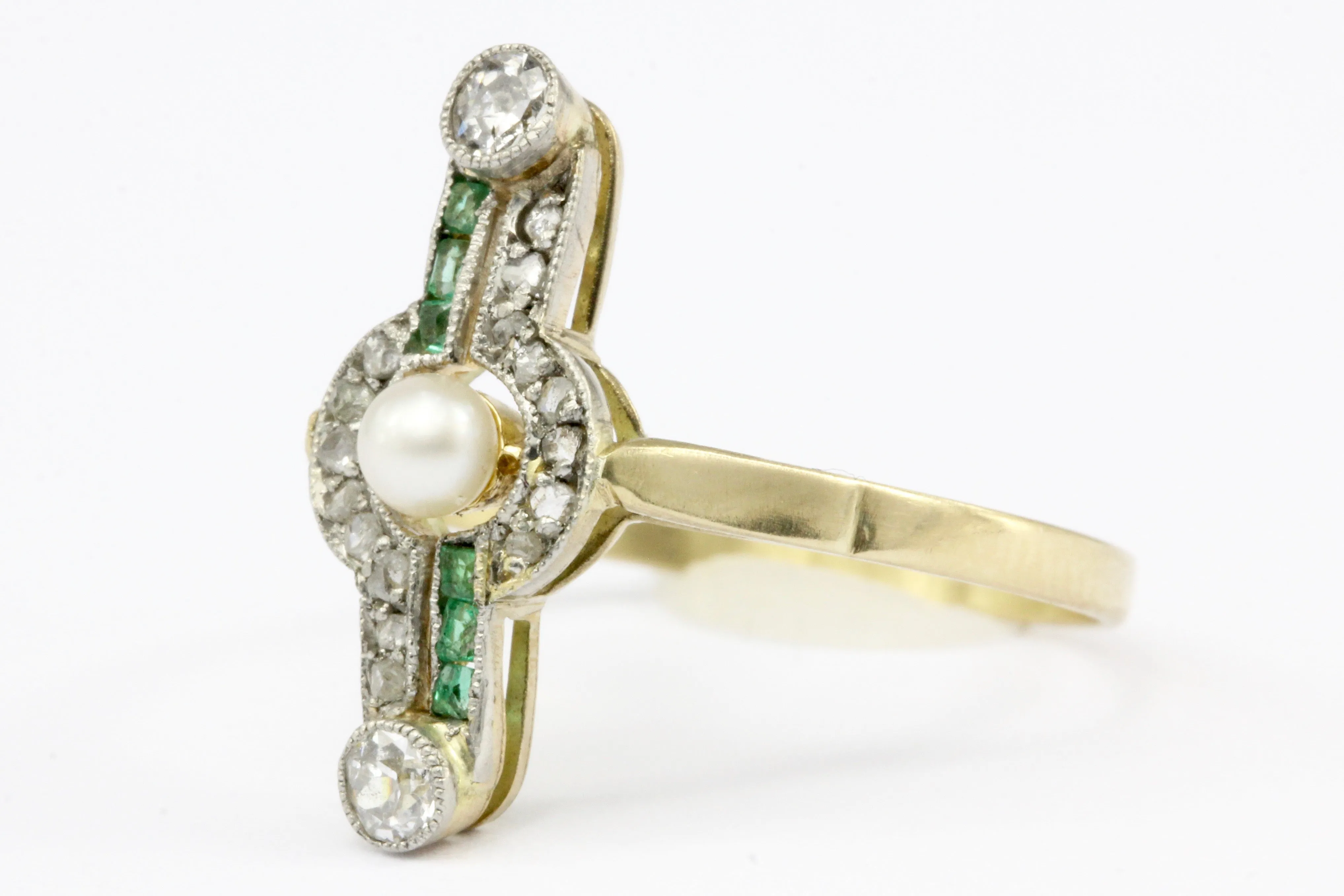 Edwardian 18K Yellow Gold Platinum Top Pearl Emerald & Diamond Ring Size 7