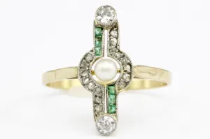 Edwardian 18K Yellow Gold Platinum Top Pearl Emerald & Diamond Ring Size 7